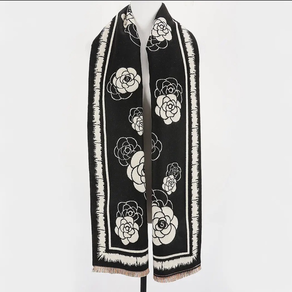 Floral Black and White Reversible Shawl - Picture 2 of 4